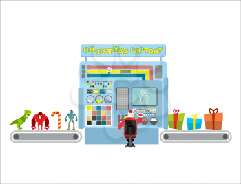 Christmas factory. Automatic line for production of gifts. Guy Claus operator unattended machines. Machine packs toys for children in holiday boxes. Infographics concept production system for new year