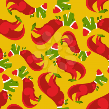 Santa Claus t-Rex. Dinosaur in Santa's red suit. Character for Christmas and new year. Seamless pattern for winter holiday.