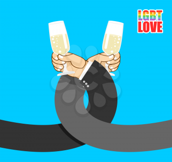 Love LGBT. Men drink brotherhood on date. Romantic illustration for gays. Love gay. Mens hand holding glass of champagne
