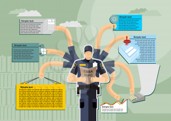 infographic Canada Border Services Agency (CBSA) .Kntejner, weigh, report. Working time. Man in uniform.