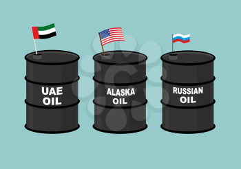 Barrels oil. Black barrel of oil and State flag. Russian oil. American USA oil. U.A.E. oil barrel.
