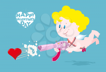 Happy Valentines day. Valentine with Cupid. Angel with love gun. Shoots hearts. Weapons of love and passion.

