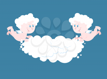 Angel and cloud. Two little Angels keep cloud. Place for your text. Celestial cute kids in clouds. Little Saints Cherub
