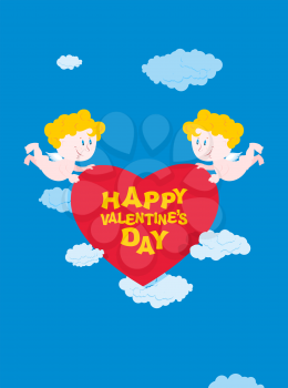 Romantic Valentine. Cupid and heart. Happy Valentines day. Two good Angel bear heart. Cupid in sky. Holyday on 14 February for lovers day