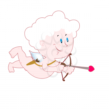 Cupid with white hair. Angel with wings shoots from bow. Arrows with hearts. Character for Valentine. Beautiful blond Cupid for Valentines holiday 14 february.
