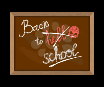 Back to hell (crossed out in school) and skull. Hooligan Inscription in chalk on Blackboard. School vector illustration
