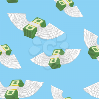 Winged money seamless pattern. Cash in  blue sky. Vector background
