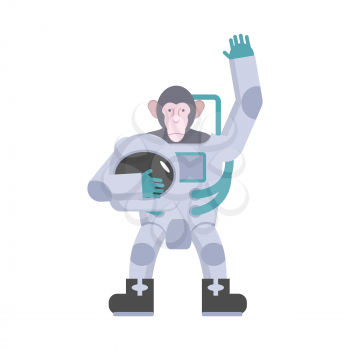 Monkey astronaut waving hand. Animal suit keeps helmet. Vector illustration
