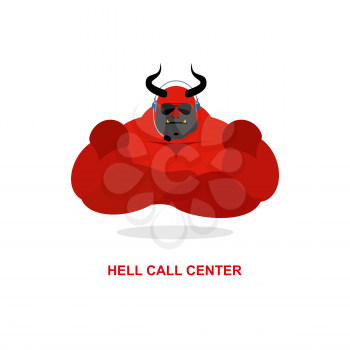 Hell call Center. Satan with headset. Devil responds to phone calls. Customer feedback for purgatory. Customer service support.
