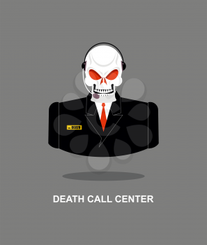 Death Call Center. Skull with  headset. Skeleton in suit responds to phone calls. Office skeleton Mister Death. Customer feedback for underworld. Customer service support.
