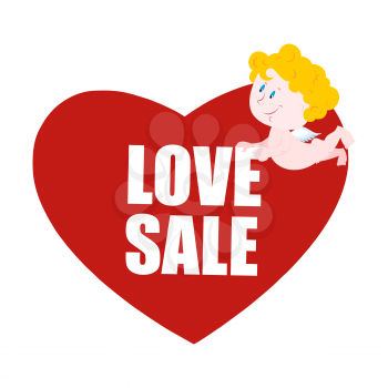 Sale Valentines day. Heart and Cupid. Logo for Valentines day special Discount. 14 February. Little cute Angel holding large red heart symbol of love.
