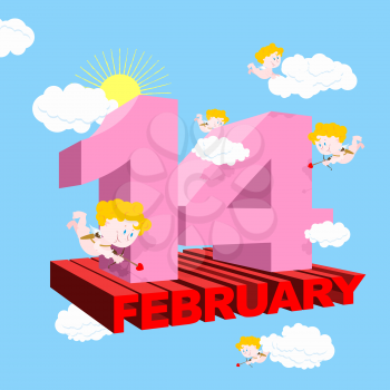 Valentine for Valentines day. Postcard, poster for all lovers. 3D letters and little cute Cupids. Angel with bow in heaven. Clouds and Sun. Good little Cupid. 14 February.

