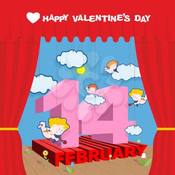 Happy Valentines day. Stage and Red Curtain. Theatrical staging and scenery. Volume letters. Cupid and clouds. Decorative paper flowers. Illustration for February 14 Valentine's day.
