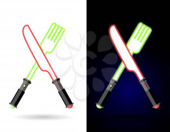 Lightsaber as cutlery. Shiny knife and fork . Accessories for food of  future against backdrop of space. Logo for diner and fast food restaurant of future