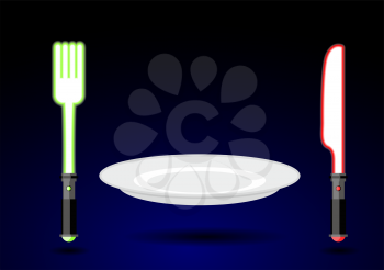 Cutlery from future. Knife and fork as light sword. An empty plate in weightlessness. Cutlery accessories on background of dark sky. Green Plug energy force light saber. Red glow of light-knife.

