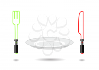 Light Plug and light knife. Cutlery from future as from star war. Weightless cutlery. An empty plate hangs in air. Lightsaber as cutlery.
