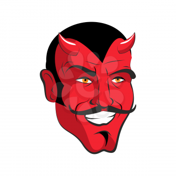 Red devil. Red head Merry demon with horns. Satan with mustache. Mephistopheles in with smile.
