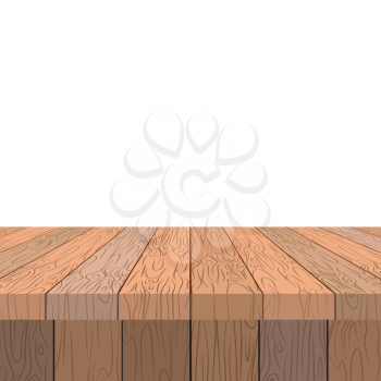 Wooden table. Old vintage table in perspective. Wooden stage and white background.

