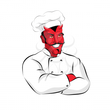 Hell of  Cook. Devils kitchen. Satan in chef Cook. Chef demon with horns. Red Beelzebub cooking in  restaurant. Scary Professional kitchen worker. Cook sinners
