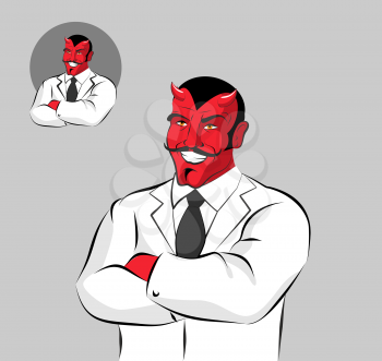 Devil doctor. Satan with horns in doctors white coat. Horrible Red Monster with moustache laughs. Hell doctor. Demon in white garment. Medical worker traits
