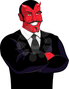 Devil in black business suit. Satan businessman. Red lucifer with mustache. Horned Demon laughs.
