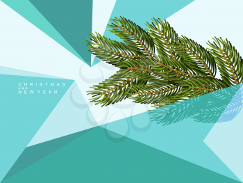 Christmas abstract background of geometric shapes. Spruce branch and triangles. Festive backdrop.
