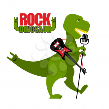 Rock dinosaur. Tyrannosaurus is singing into microphone. Dino T-Rex with an electric guitar. Green toothy Monster sings. Prehistoric animal in image of rock musician. Tail rock hand symbol.