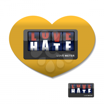 Love meter. Love and hate meter. Device for measuring instrument of love and hatred. Placards with letters. 
