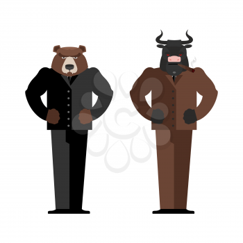 Bull Businessman. Bear Businessman. Bulls and bears traders on stock market. Business Office suit. Confrontation between traders in securities market
