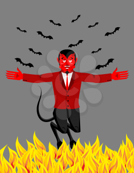 Red Devil in hell. Funny demon and bat. Satan with horns. Crafty Mephistopheles. Diablo Prince of darkness and underworld. Lucifer Boss. Religious and mythological character, supreme spirit of evil, l