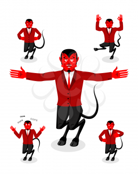 Devil set of poses. Satan set of movements. Horned demon expression of emotion. Diablo religious-mythological character, supreme spirit of evil. Lucifer, lord of Hell
