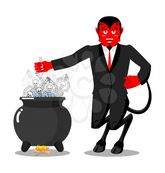 Satan roasts sinners boiler. Demon cooking Big black pan. Skeletons in boiling pitch. Hells torments. Devil attempts dead. Price paid for sins. Religious illustration
