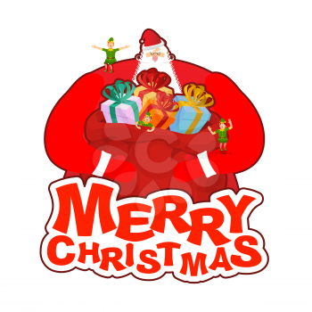 Merry Christmas. Santa Claus and bag and elf helper. New Year big red sack with gifts. Xmas template. 
