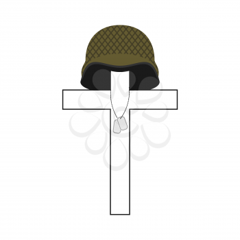 Grave of soldier. Cross and military helmet. Soldier badge. Patriotic memorial illustration