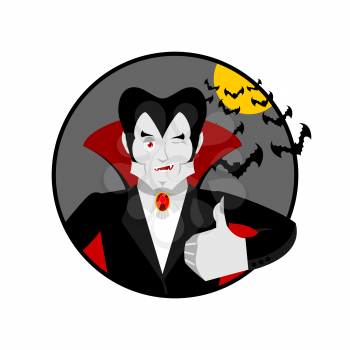 Dracula Thumbs up shows well. Vampire winks. Sign all right. Jolly Good ghoul. Mimicry smile on his face. Gesture hands okay. Illustration for halloween. Bats and bloody moon
