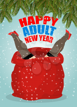 Prostitute in red sack of Santa Claus. Happy Adult New Year. Whore for present. Congratulations for men. Woman on holiday for fun
