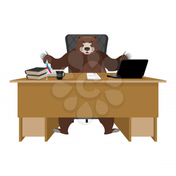 Russian boss. Bear sitting in an office. Businessman from Russia at desk. National folk chief. Beast  leader. Workplace supervisor. Director desktop. Laptop and phone. Cup of coffee and Chair