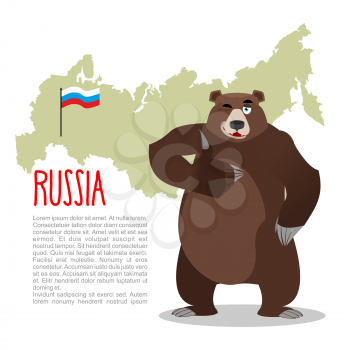 Russian Bear and Russian map. Wild animal showing thumbs up and winking. Good animal sign okay.