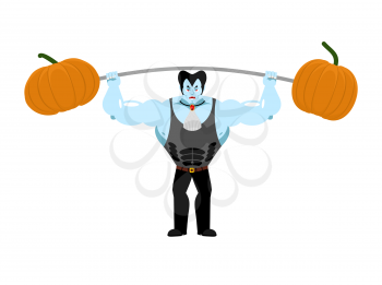 Strong Dracula holding rod and pumpkin. Sports vampire. powerful vampire. Illustration for halloween scary holiday
