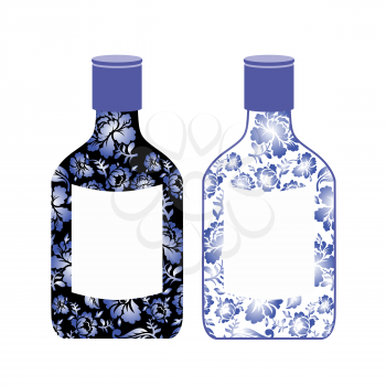 Russian vodka bottle painted Gzhel. National Folk alcoholic drink. Traditional pattern in Russia