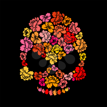 Rose skull on black background. Skeleton Head of flower petals. Flower bones
