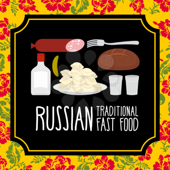 Russian traditional fast food. Vodka and sausage. Russian Folk floral ornament.