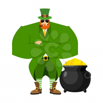 Leprechaun security bodyguard. Dwarf with red beard guarding pot gold coins. Legendary treasures for lucky. St.Patrick 's Day. Holiday in Ireland