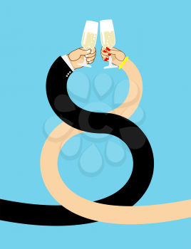 March 8 symbol. Male and female hand to drink wine. Brotherhood in date. Illustration for International Womens Day
