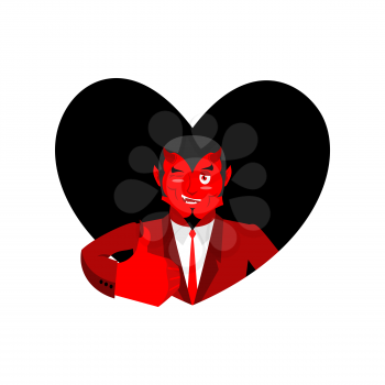 Love of Satan. Devil and black heart. Thumb up. Red Daemon
