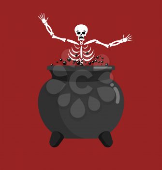 Sinner in boiler. Skeleton in pot. Cook for sinners in resin. Religion illustration. Hell symbol. Hells torments