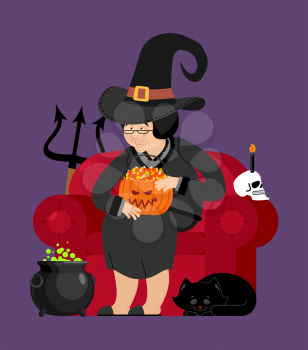 Witch with black cat. Halloween character. Skull and pot magic potion

