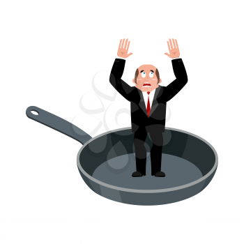 Businessman in frying pan. sinner in cauldron. boss is frying on hellfire. Religion is punishment for sins
