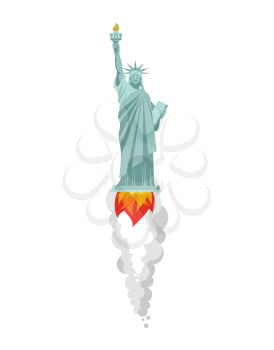Statue of Liberty flying rocket. Landmark America is flying. Flame and smoke from turbine