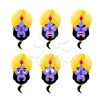 Genie emoji. emotion set. Aggressive and good Magic ghost face. Surprised and sleep. arabic devil avatar collection
